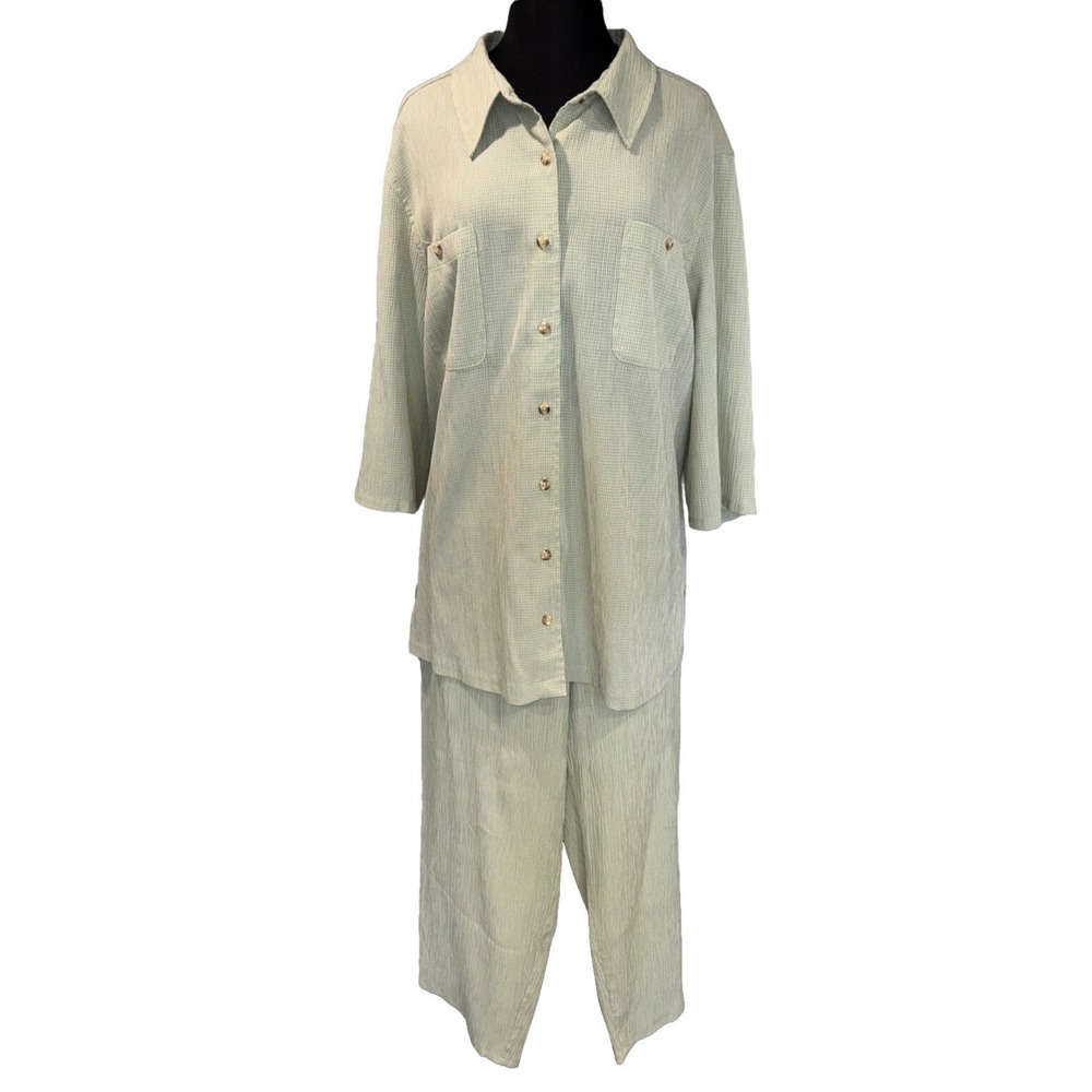 Jaclyn Smith Classic 2 Piece Pant Set Top Sz 3X Pant  Sz‎ 2X Green Button Up